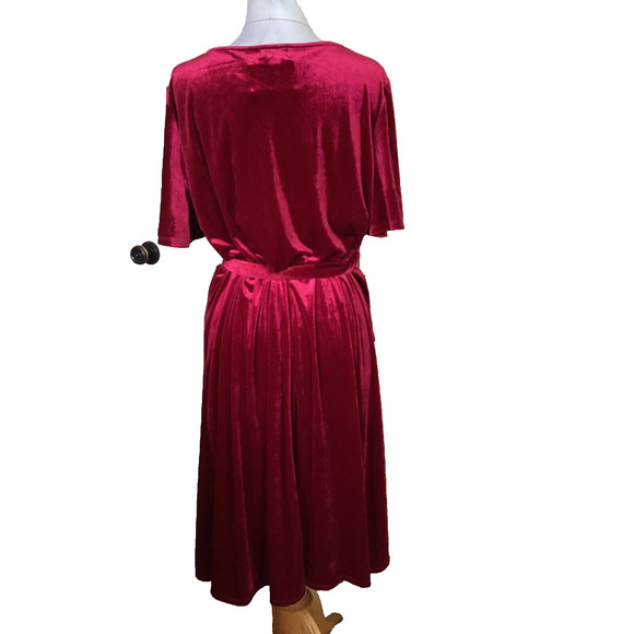 TACERA RED HOT VELVET V-NECK FAUX WRAP BELTED DRESS SZ PL - Picture 5 of 7